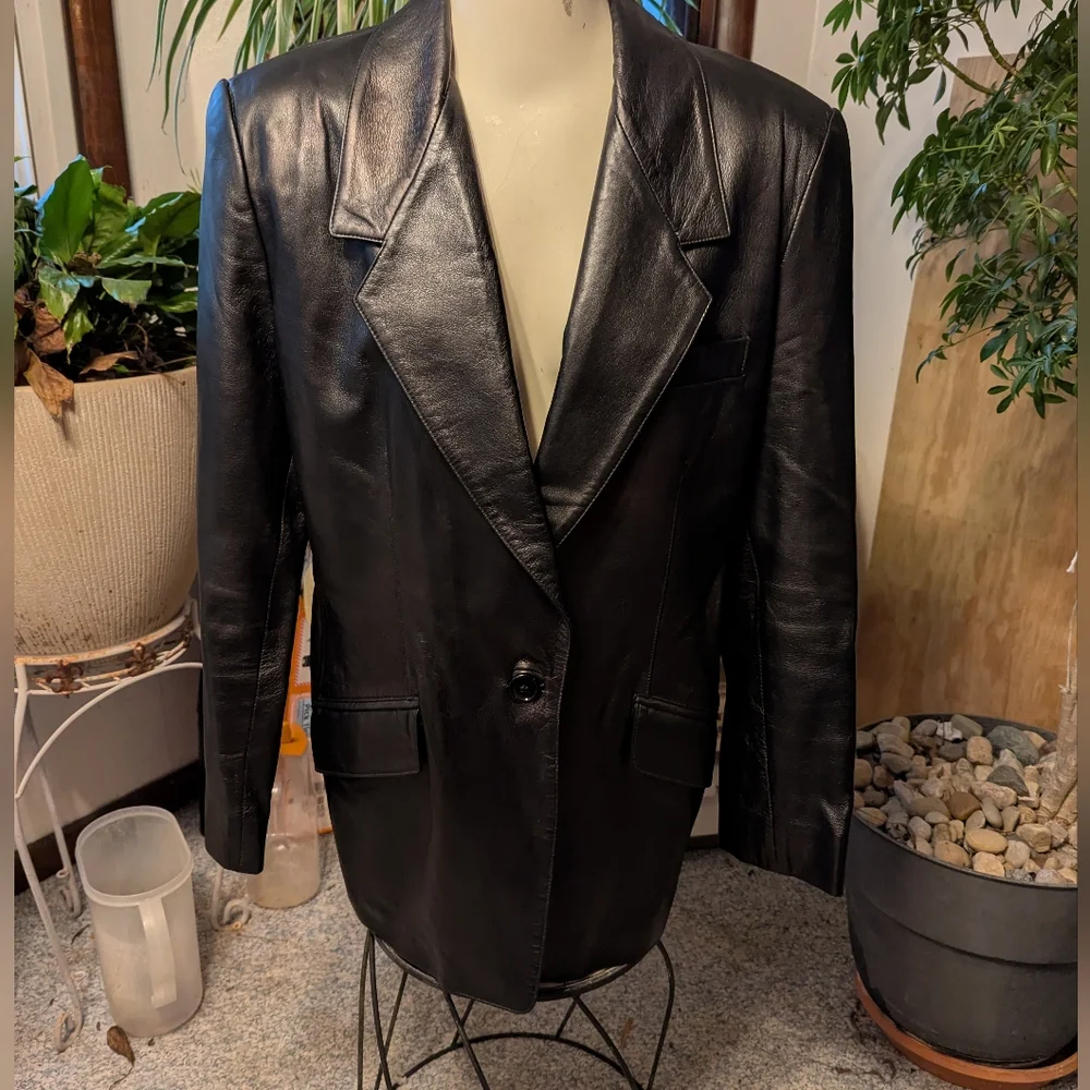 NWOT Linda Allard Ellen Tracy Blk Leather One Button Blazer Sz 12R - Picture 1 of 7